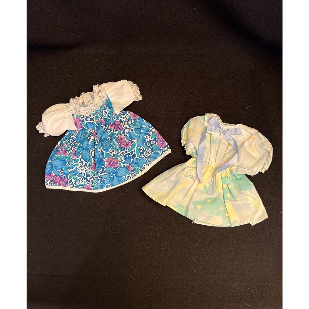 Gotz Set Of 2 Vintage Blue Floral & Green Floral Baby Doll Dresses W/ Gotz Logo